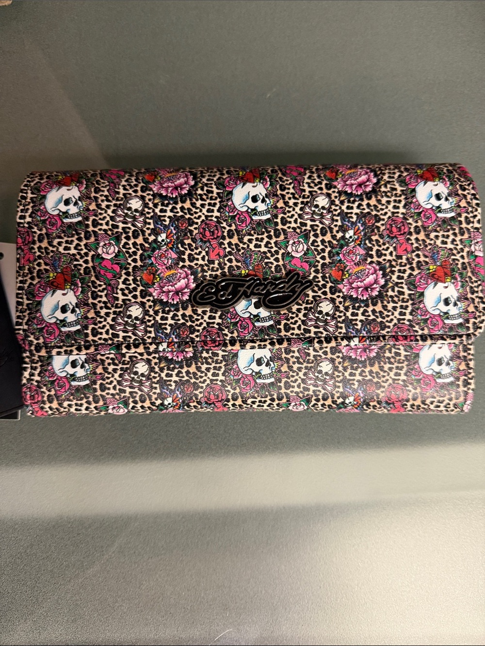 Ed Hardy Leopard Skull & Rose Clutch Wallet in Pink and Black